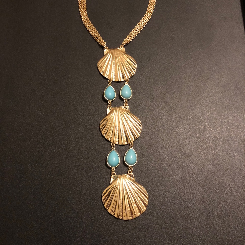 Gold Tone Shell Drop Necklace with Turquoise Blue Color Teardrops